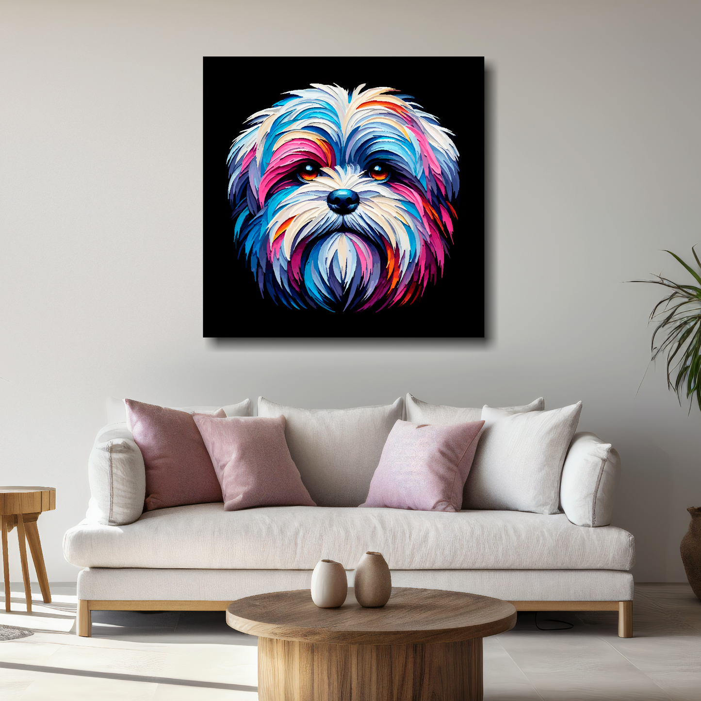 Largre canvas print featuring a multi-coloured Malshi dog portrait. Mounted on a white wall above a white sofa with decorative pillows.