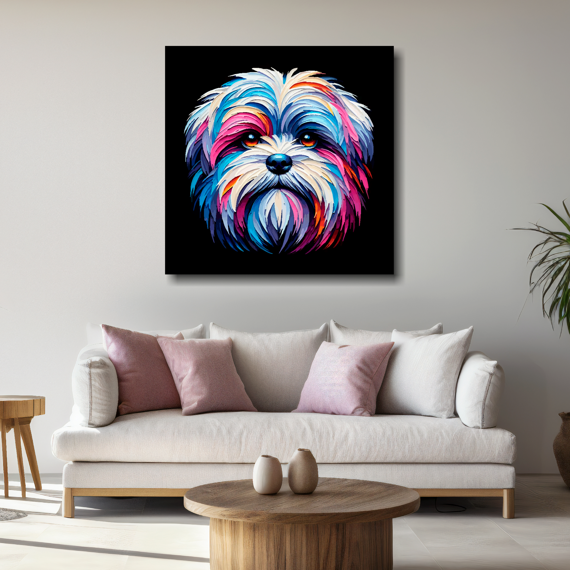 Largre canvas print featuring a multi-coloured Malshi dog portrait. Mounted on a white wall above a white sofa with decorative pillows.