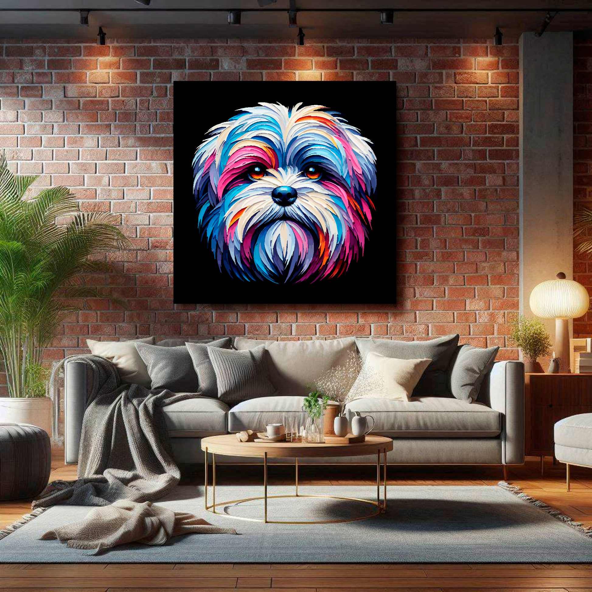 XL canvas print featuring a multi-coloured Malshi dog portrait. Mounted on a lounge brick wall above a grey sofa with decorative pillows.