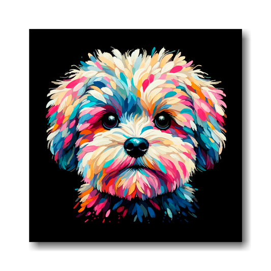Colourful painting of a Maltipoo dog's face on a black background.