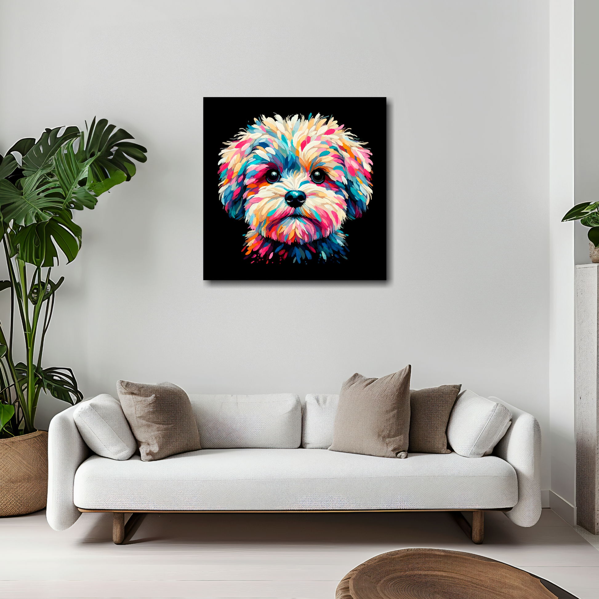 20 inch by 20 inch canvas print featuring a multi-coloured Maltipoo dog portrait. Mounted on a white wall above a white sofa with decorative pillows.