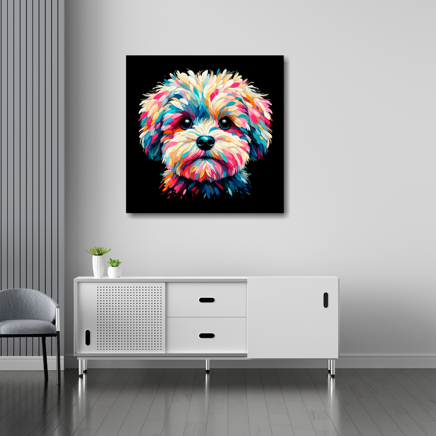 30 inch by 30 inch canvas print featuring a multi-coloured Maltipoo dog portrait. Mounted on a white wall above a white sideboard.