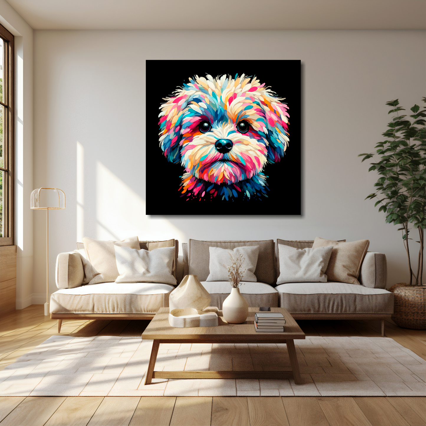 40 inch by 40 inch canvas print featuring a multi-coloured Maltipoo dog portrait. Mounted on a cream wall above a cream sofa with decorative pillows.
