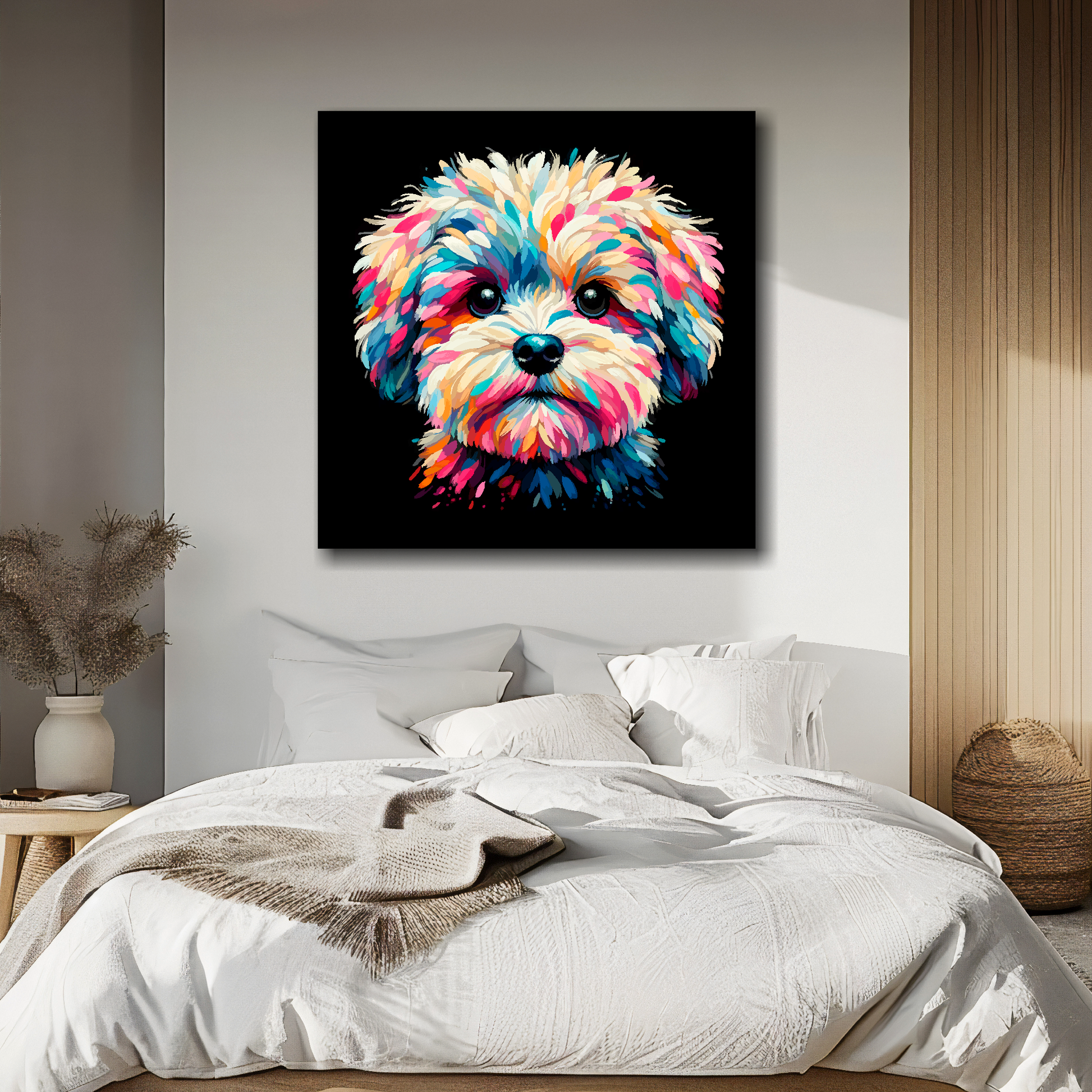 Canvas print featuring a multi-coloured Maltipoo dog portrait. Mounted on a white wall above a double bed.
