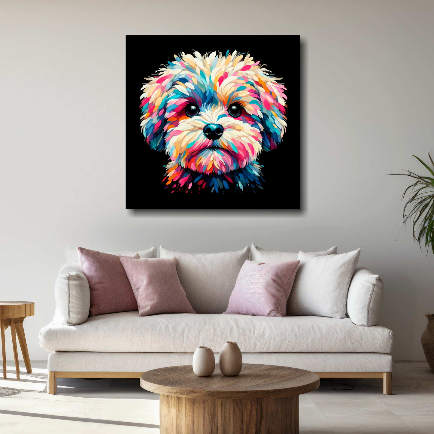 Large canvas print featuring a multi-coloured Maltipoo dog portrait. Mounted on a white wall above a white sofa with decorative pillows.