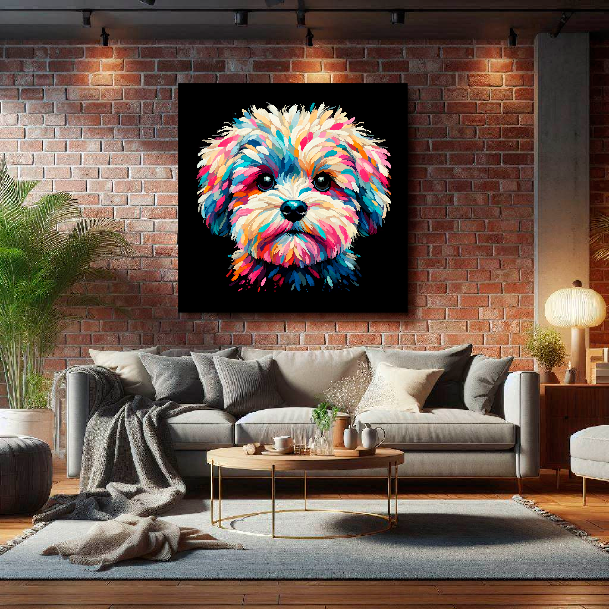 XL canvas print featuring a multi-coloured Maltipoo dog portrait. Mounted on a lounge brick wall above a grey sofa with decorative pillows.