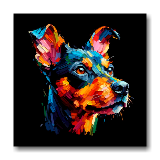Large canvas wall art - A vibrant multi-coloured head portrait of a Manchester Terrier. Available in 3 large sizes.