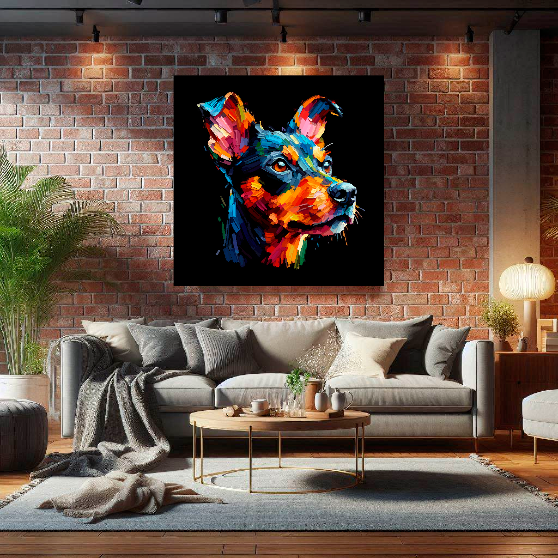 Large canvas wall art - A vibrant multi-coloured head portrait of a Manchester Terrier. Available in 3 large sizes.