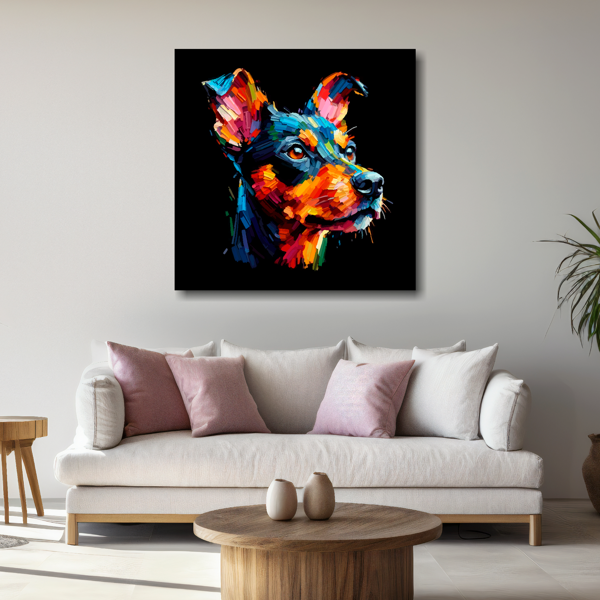 Large canvas wall art - A vibrant multi-coloured head portrait of a Manchester Terrier. Available in 3 large sizes.