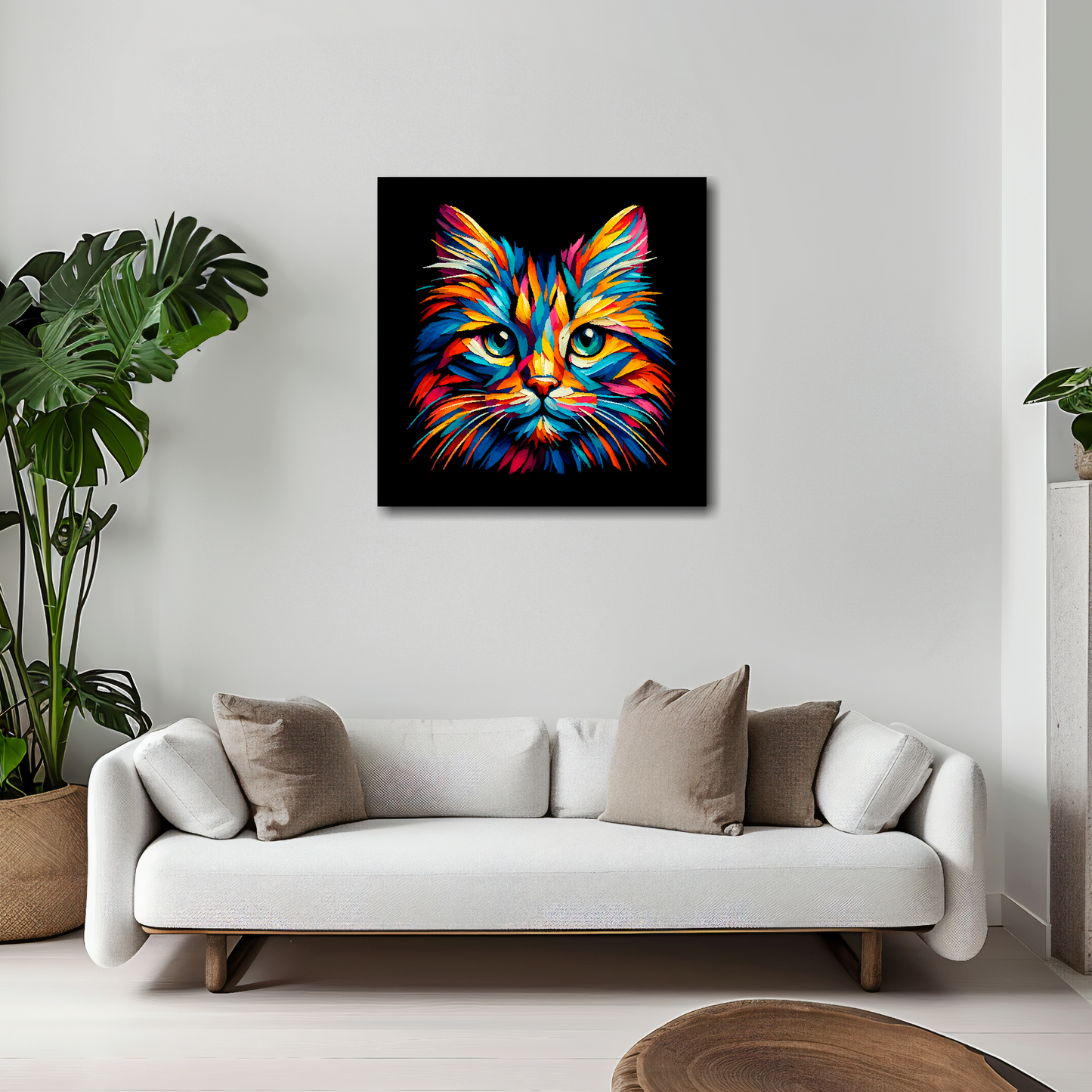 20 inch by 20 inch square canvas of a colourful Manx cat head portrait on a black background. Mounted on a white wall above a white sofa with decorative pillows.
