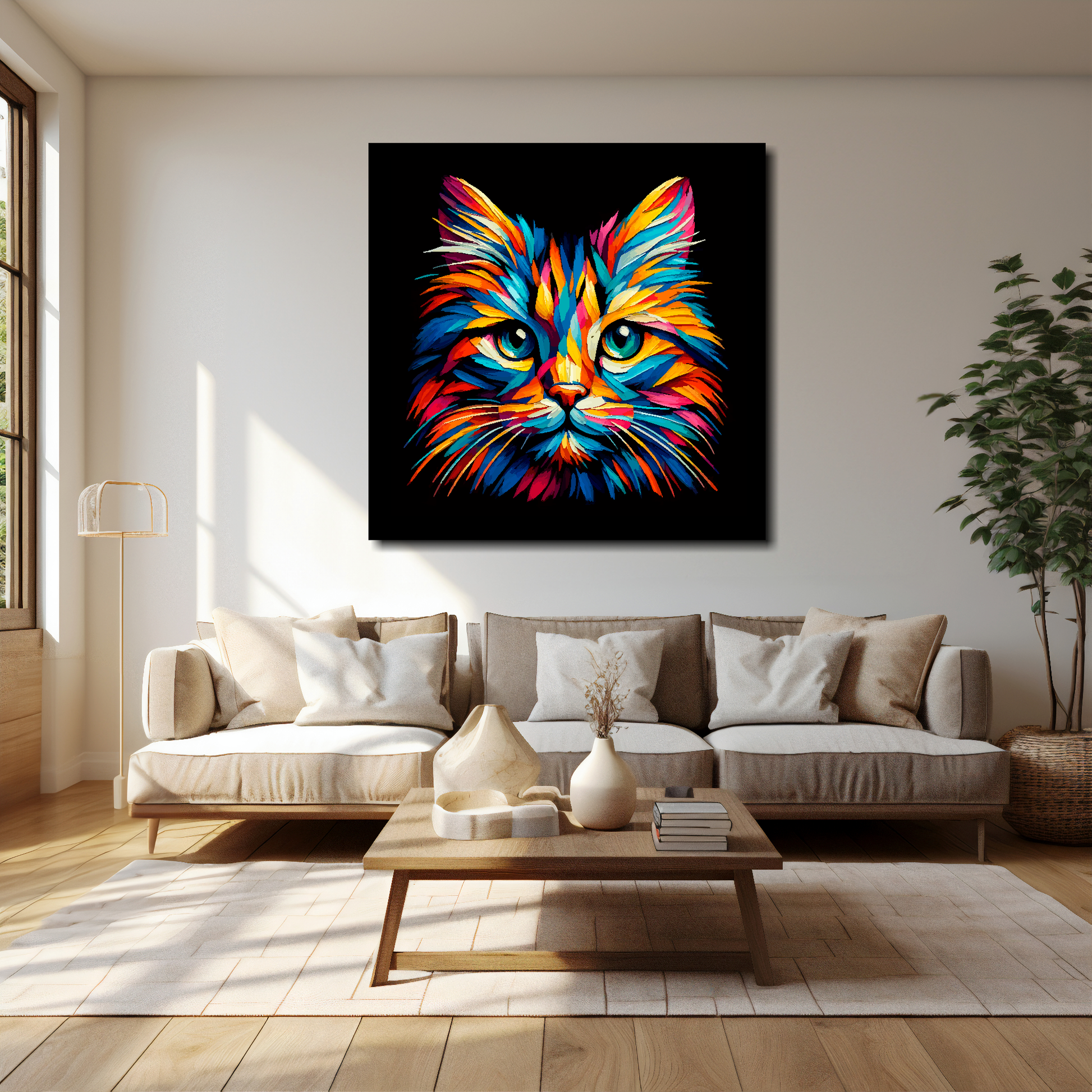 Manx cat canvas 40x40 inches above cream sofa - XL vibrant cat wall art UK