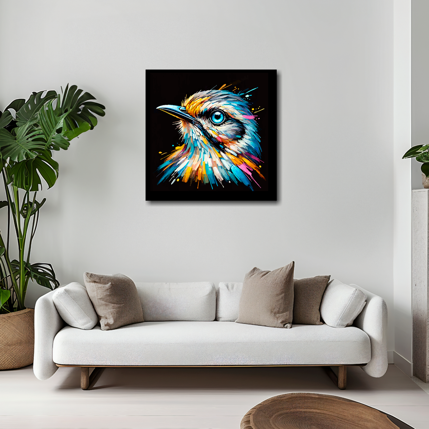 20 inch by 20 inch square canvas of a colourful Mockingbird portrait on a black background. Mounted on a white wall above a white sofa with decorative pillows.