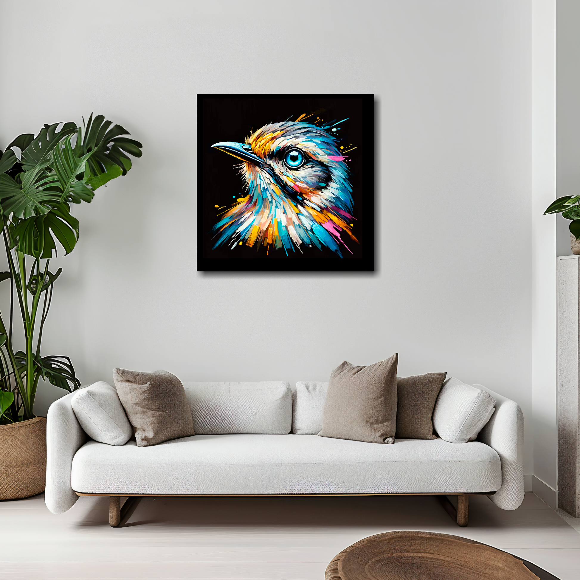 20 inch by 20 inch square canvas of a colourful Mockingbird portrait on a black background. Mounted on a white wall above a white sofa with decorative pillows.