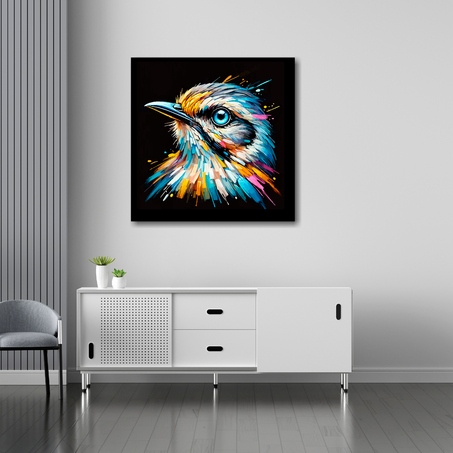30 inch by 30 inch square canvas of a colourful Mockingbird portrait on a black background. Mounted on a white wall above a white sideboard.