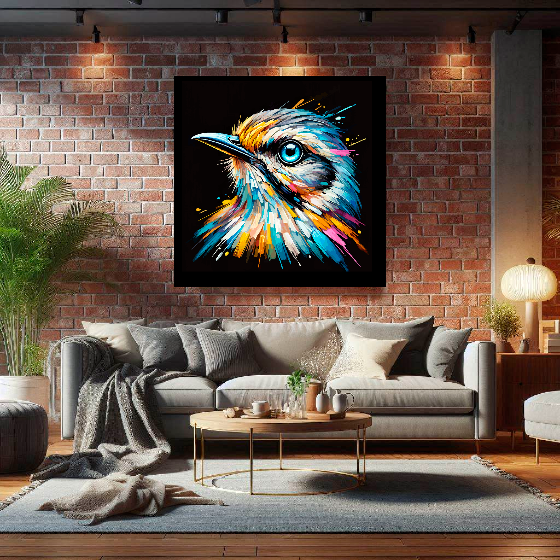 Large canvas wall art - A vibrant multi-coloured head portrait of a Mockingbird. Available in 3 large sizes.
