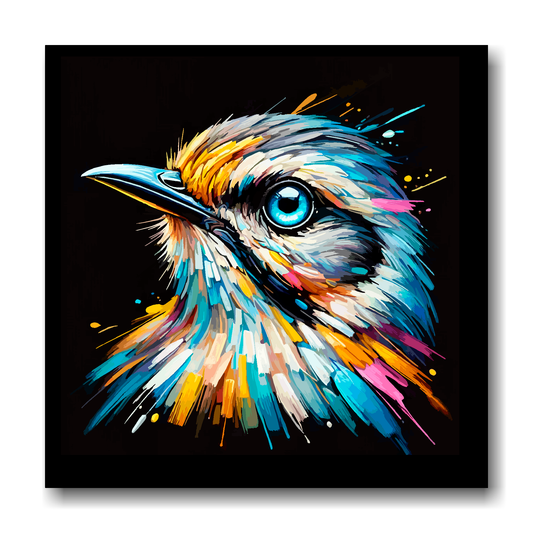 Large canvas wall art - A vibrant multi-coloured head portrait of a Mockingbird. Available in 3 large sizes.