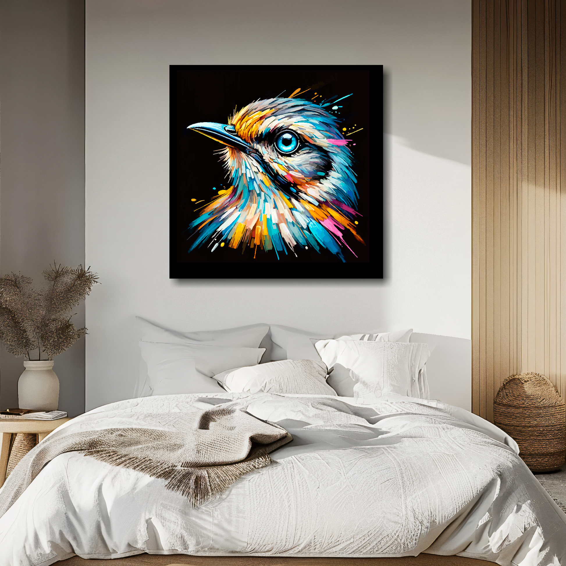 Large canvas wall art - A vibrant multi-coloured head portrait of a Mockingbird. Available in 3 large sizes.