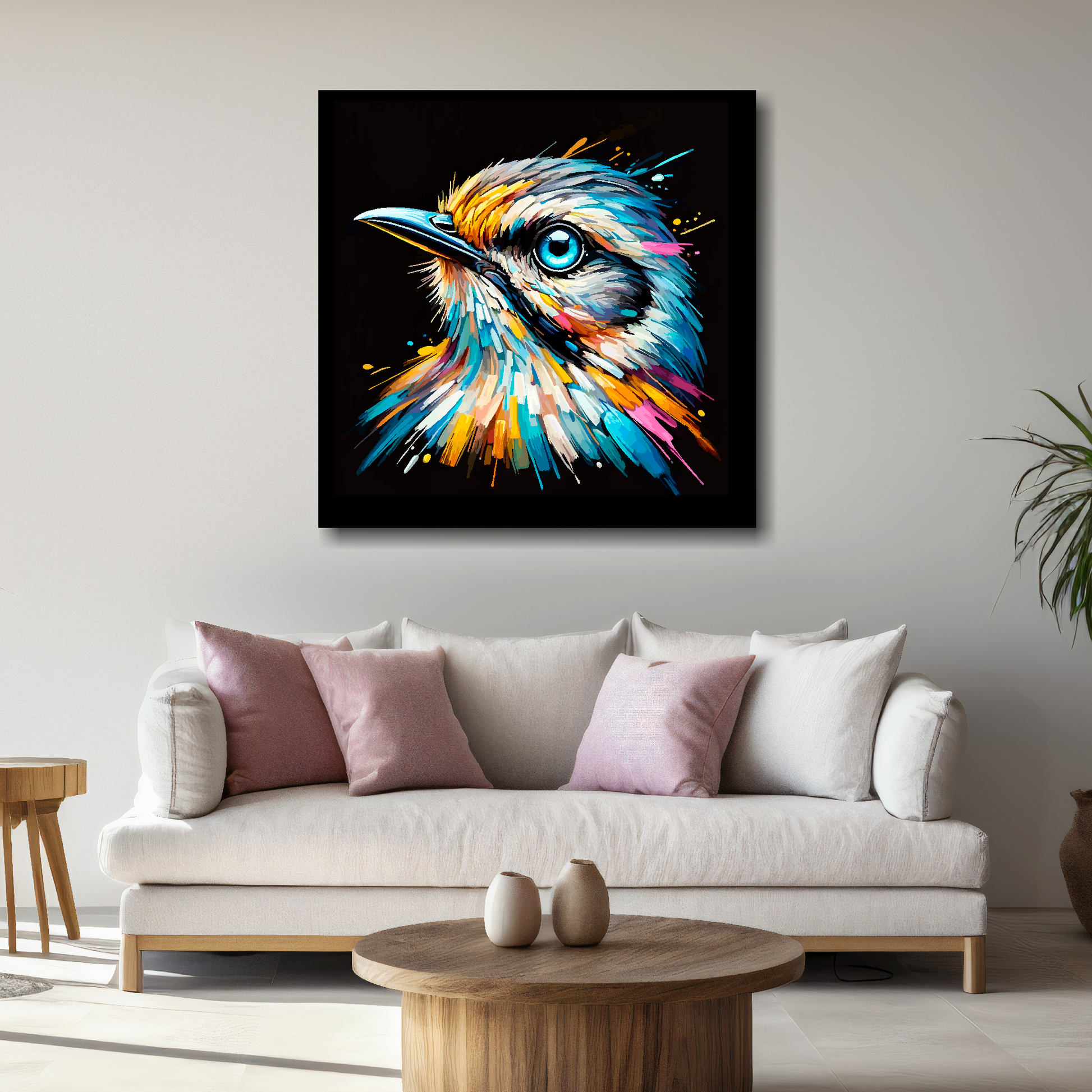Large canvas wall art - A vibrant multi-coloured head portrait of a Mockingbird. Available in 3 large sizes.