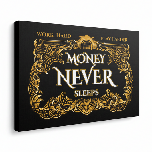 Large canvas print with motivational quote 'Money Never Sleeps' Wall Street Iinspired, UK Made