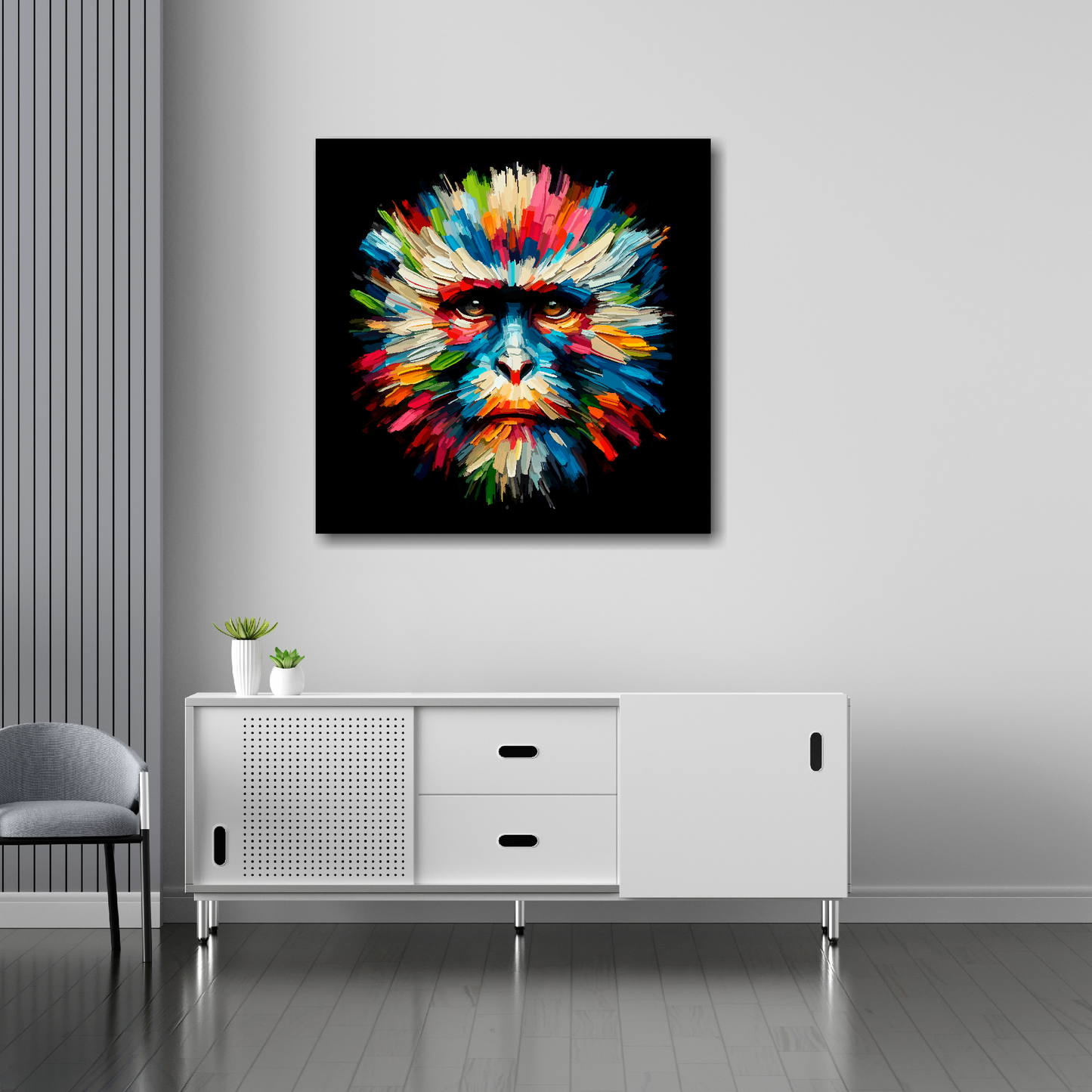 30 inch by 30 inch square canvas of a colouful Monkey head portrait on a black background. Mounted on a white wall above a white sideboard.