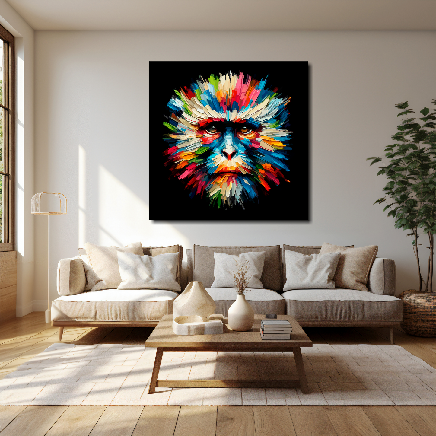 40 inch by 40 inch square canvas of a colouful Monkey head portrait on a black background. Mounted on a white wall above a cream sofa with decorative pillows.