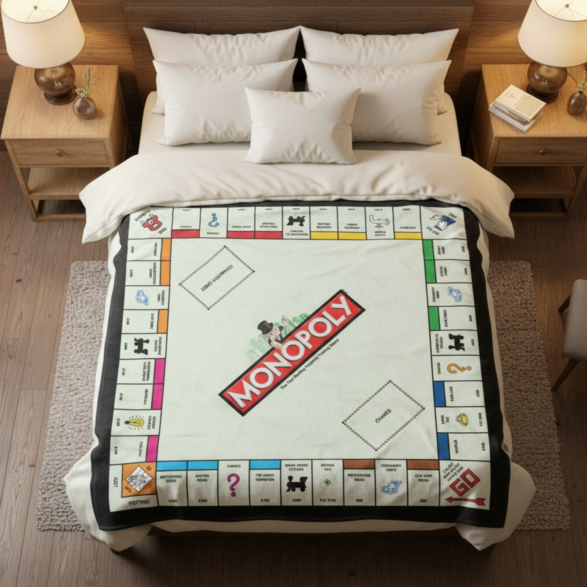 Monopoly board game bedspread with classic game design, perfect gift for board game lovers