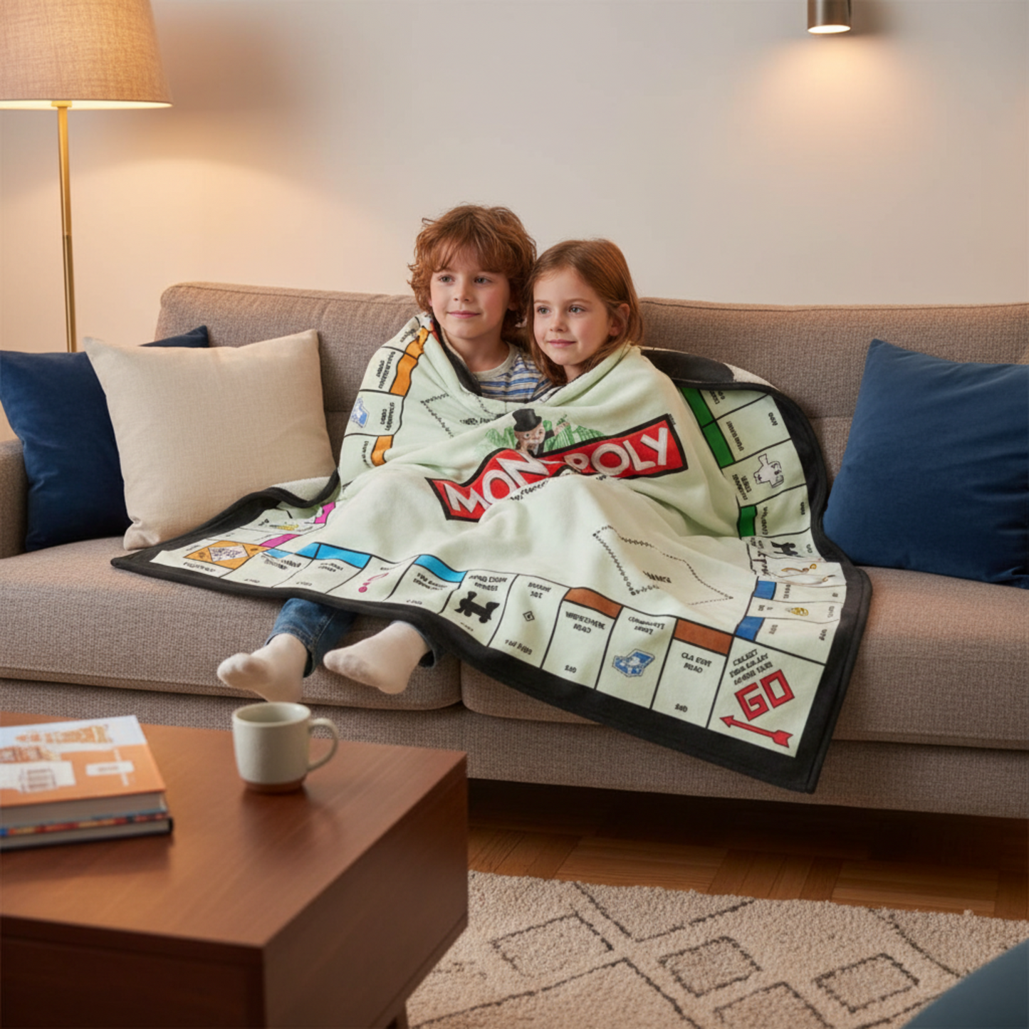 Luxury Monopoly fleece blanket featuring iconic board game graphics and ultra-soft fabric