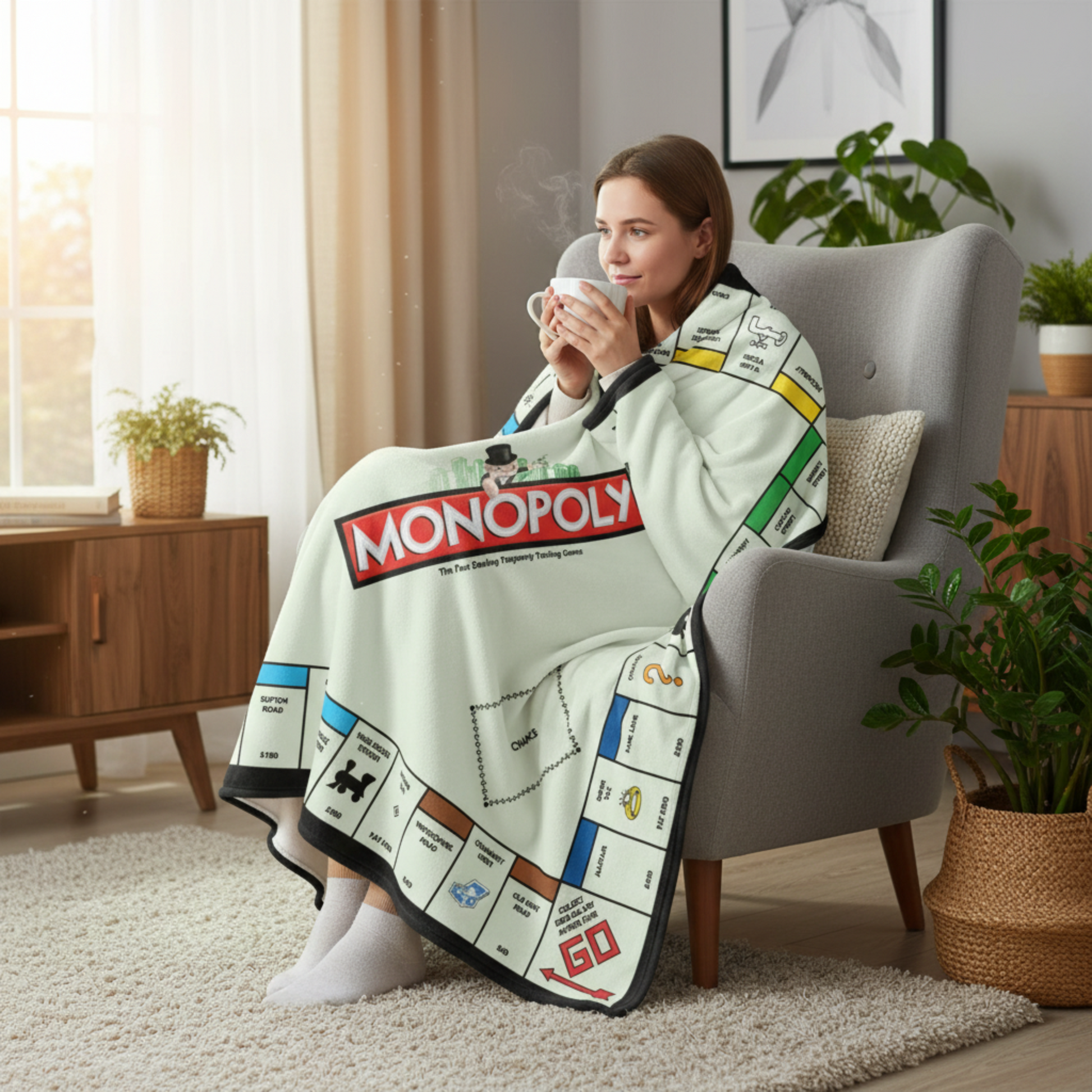 Close-up of Monopoly game board blanket showing detailed design and premium fleece texture