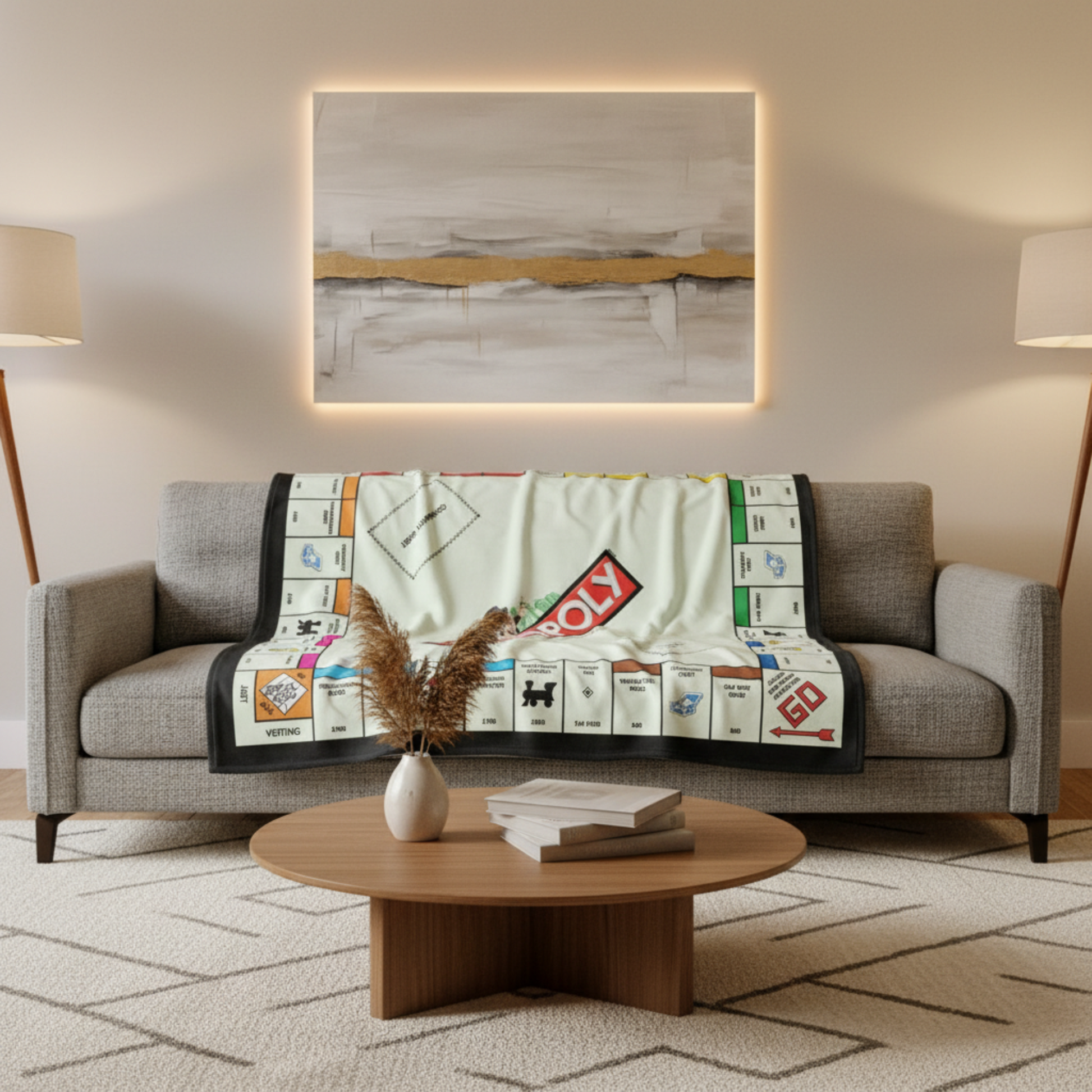 Monopoly game board throw blanket with nostalgic design celebrating the classic property game