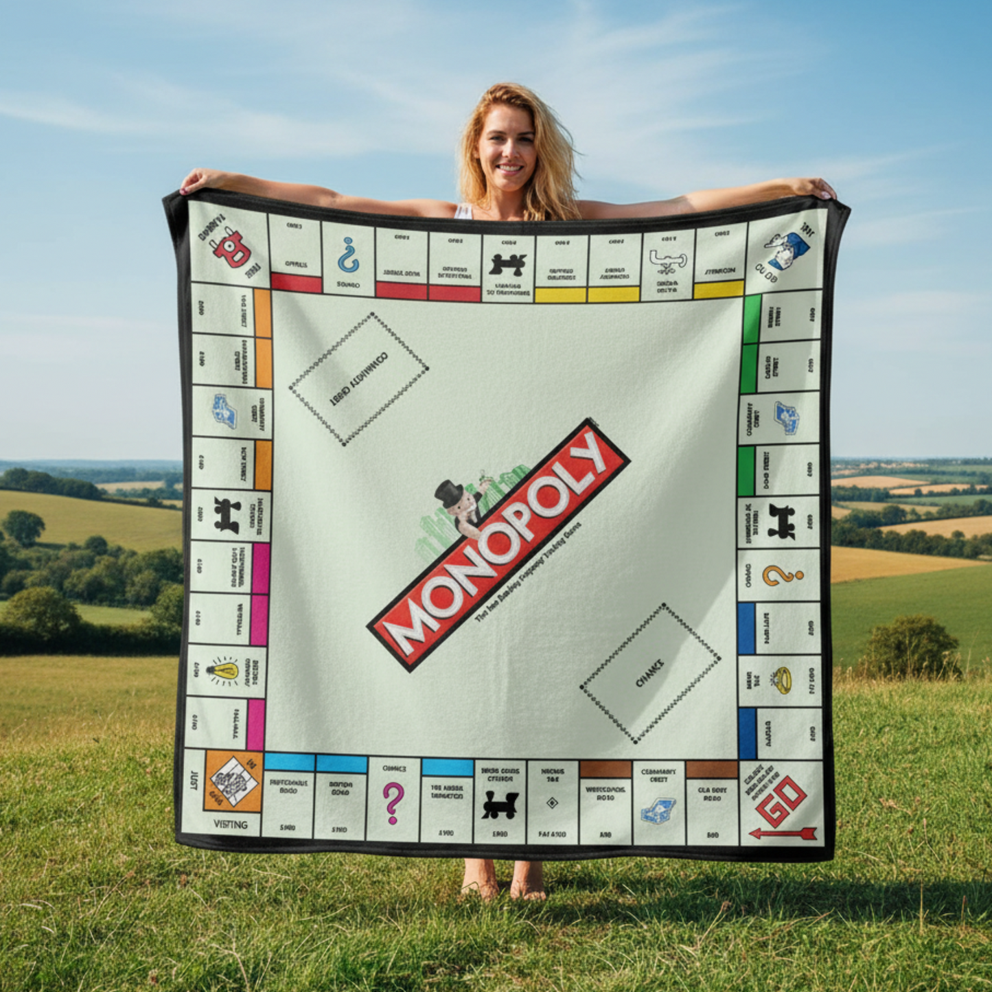Monopoly fleece blanket outdoors showing 150cm x 150cm size with iconic board game design