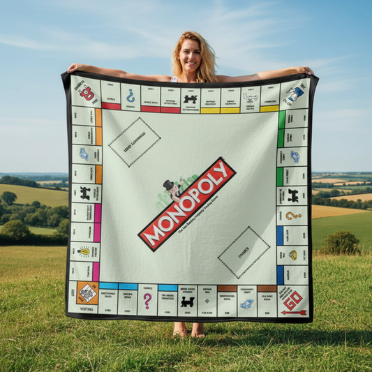 Monopoly fleece blanket outdoors showing 150cm x 150cm size with iconic board game design