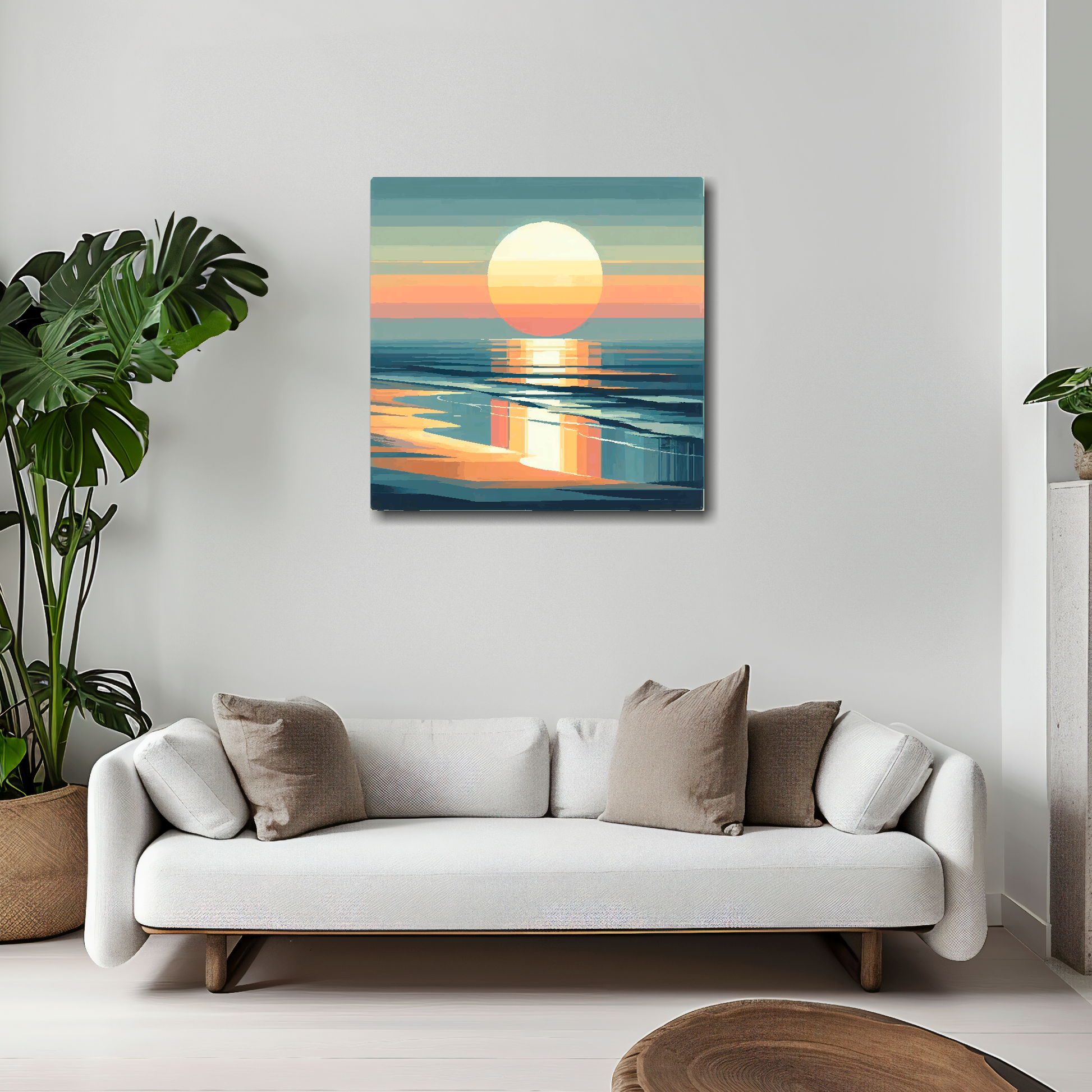 20 inch by 20 inch square canvas featuring a modern abstract moody sunset. Mounted on a white wall above a white sofa with decorative pillows.
