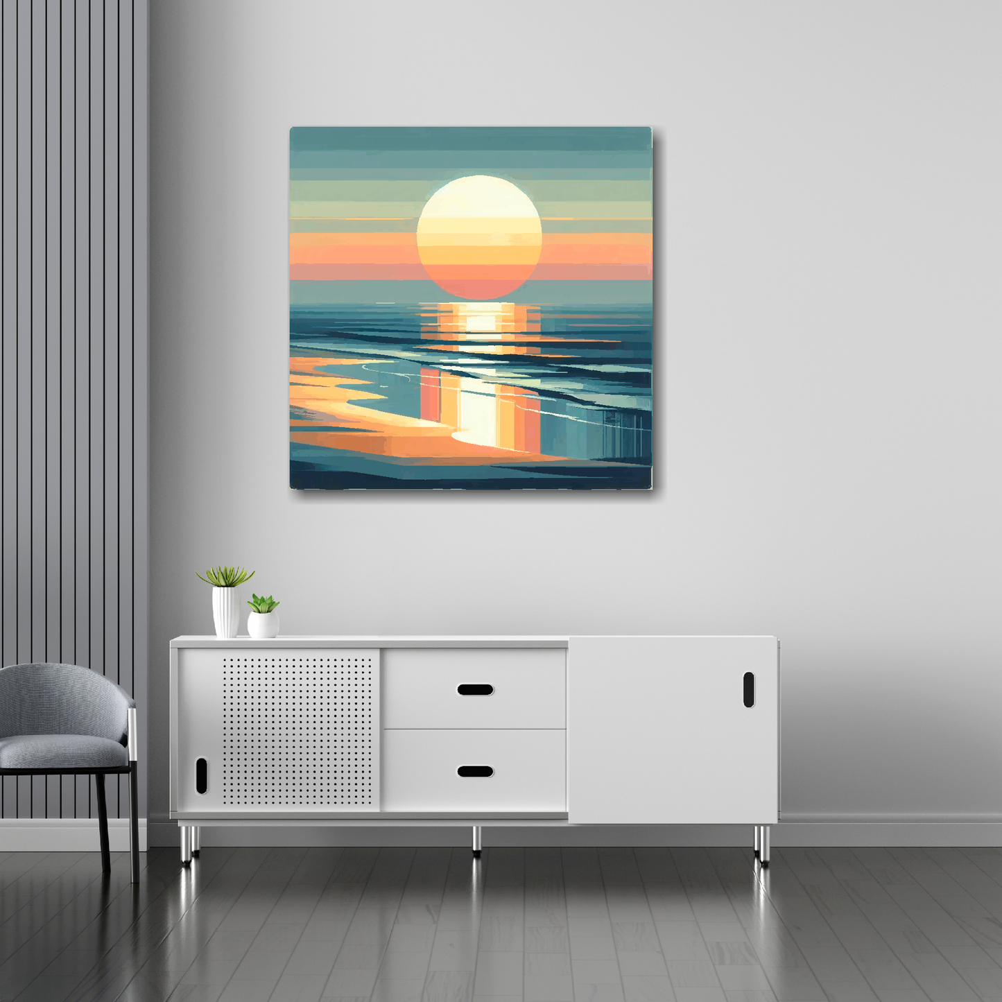30 inch by 30 inch square canvas featuring a modern abstract moody sunset. Mounted on a white wall above a white sideboard.