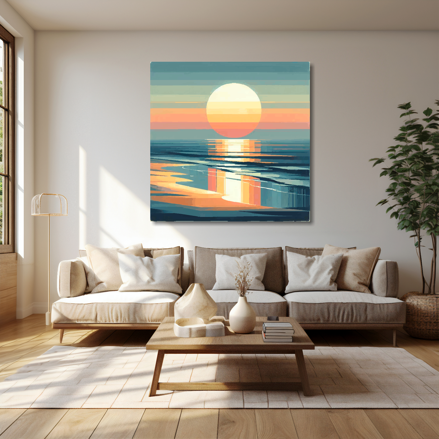 20 inch by 20 inch square canvas featuring a modern abstract moody sunset. Mounted on a cream wall above a cream sofa with decorative pillows.