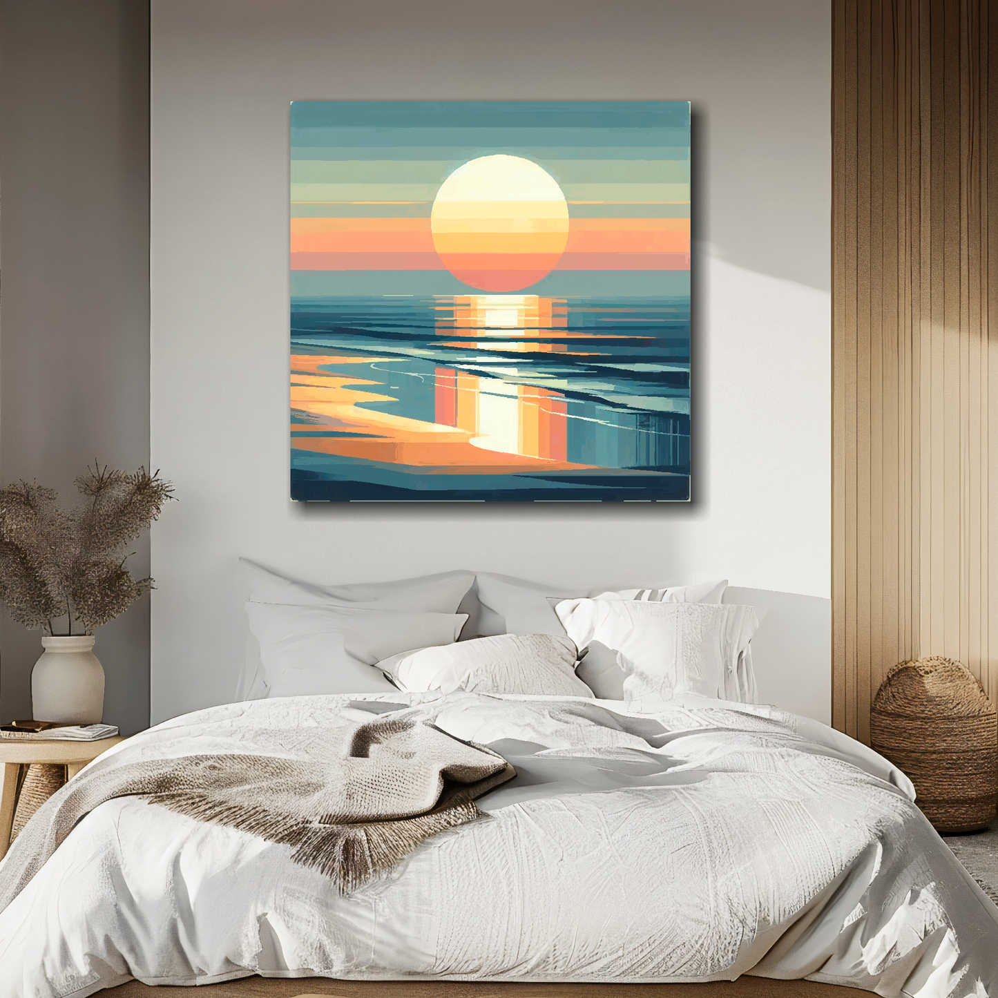 Large canvas wall art - Abstract Ocean Sunset beach scene, moody vibes, Available in 3 large sizes.