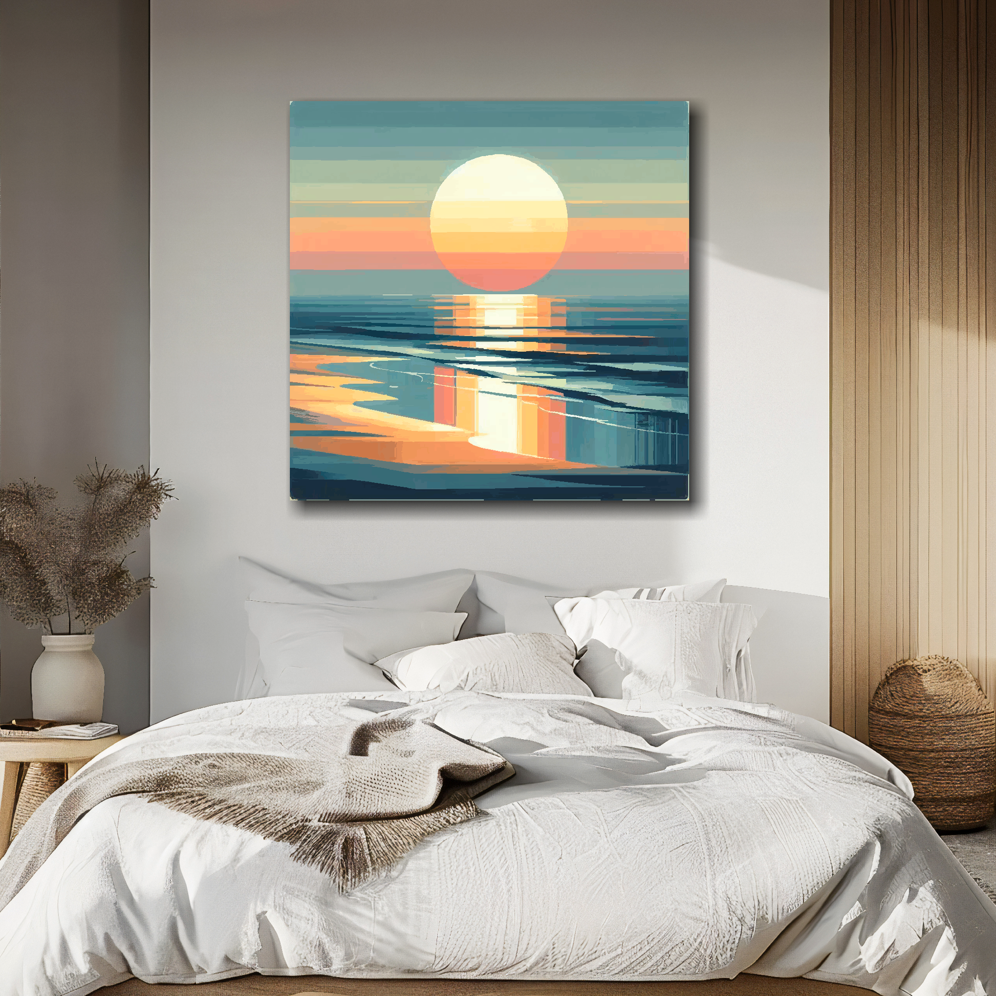 Large canvas wall art - Abstract Ocean Sunset beach scene, moody vibes, Available in 3 large sizes.