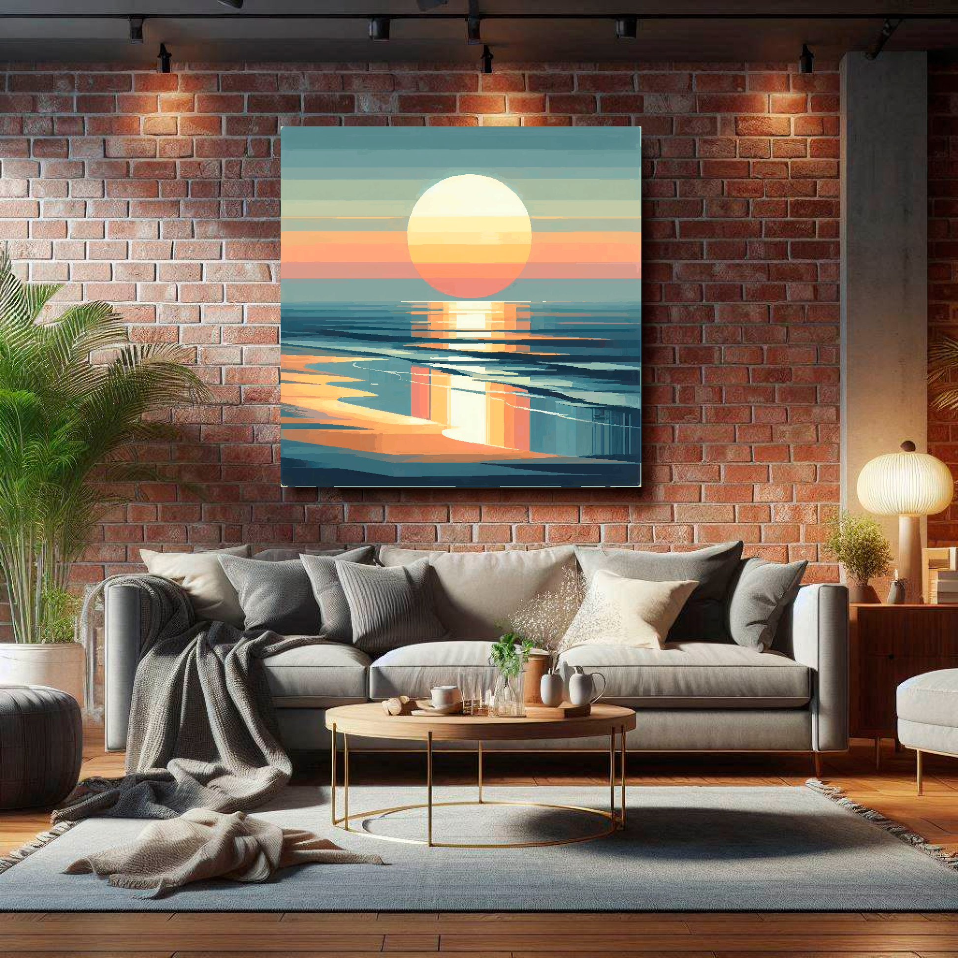 Large canvas wall art - Abstract Ocean Sunset beach scene, moody vibes, Available in 3 large sizes.