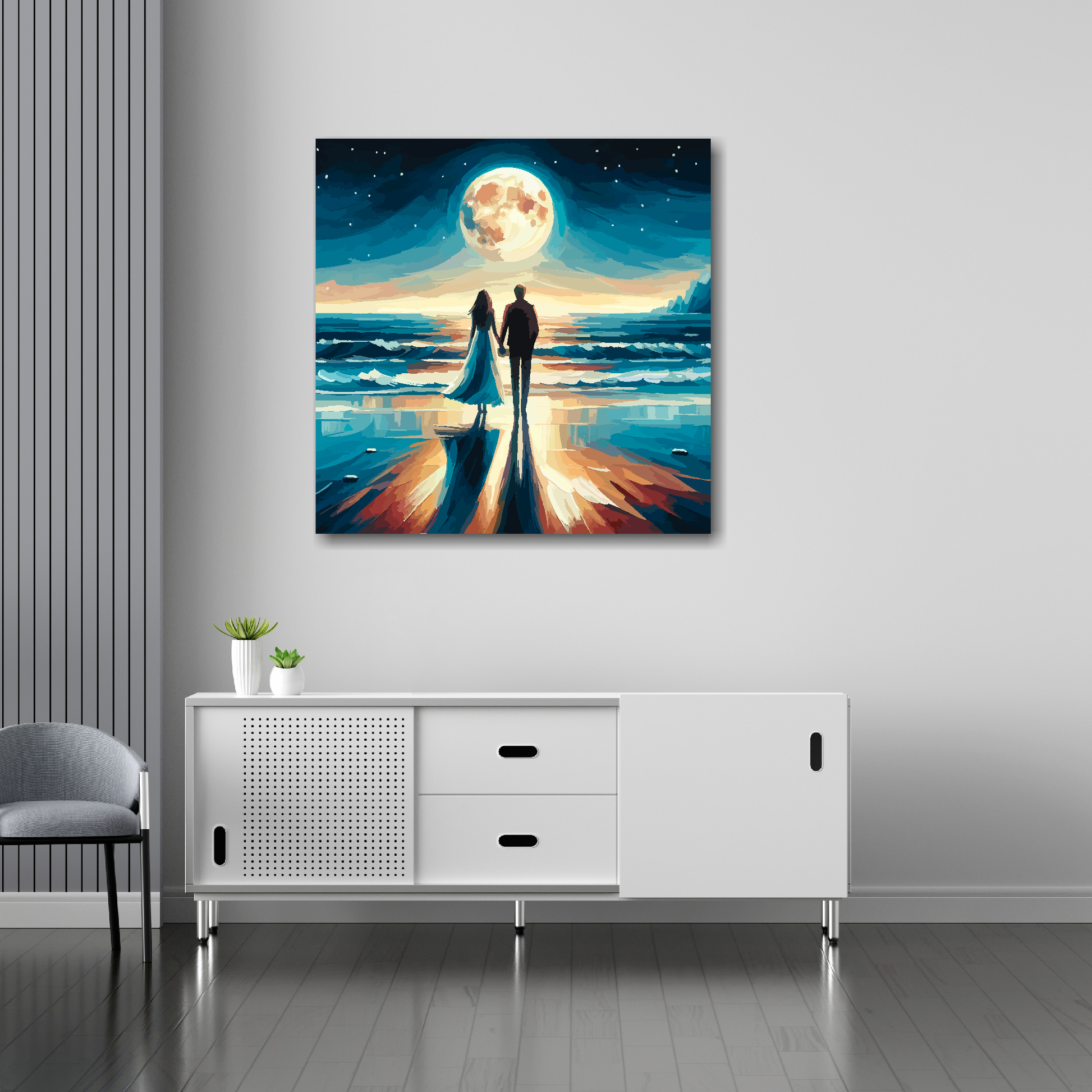 30 inch by 30 inch square canvas featuring a romantic couple standing on a moonlit beach. Mounted on a white wall above a white sideboard.