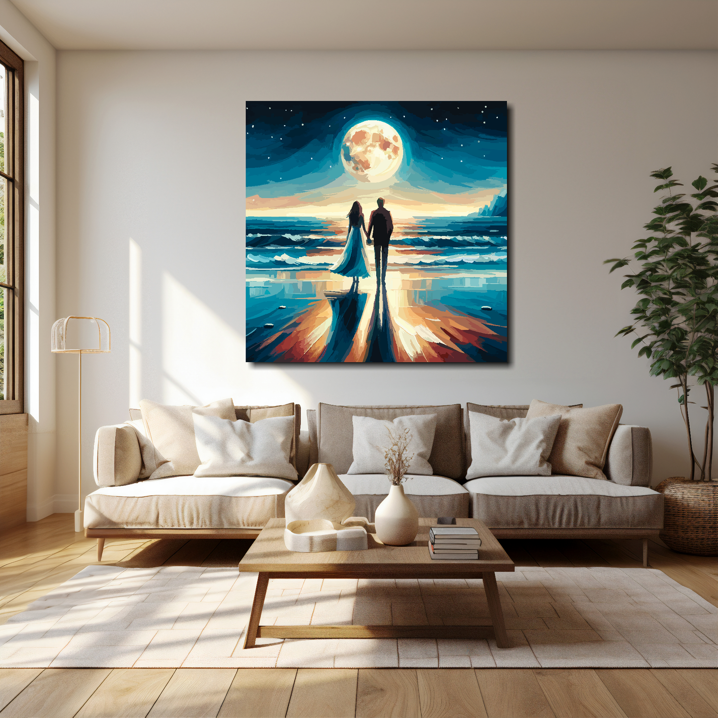 40 inch by 40 inch square canvas featuring a romantic couple standing on a moonlit beach. Mounted on a cream wall above a cream sofa with decorative pillows.