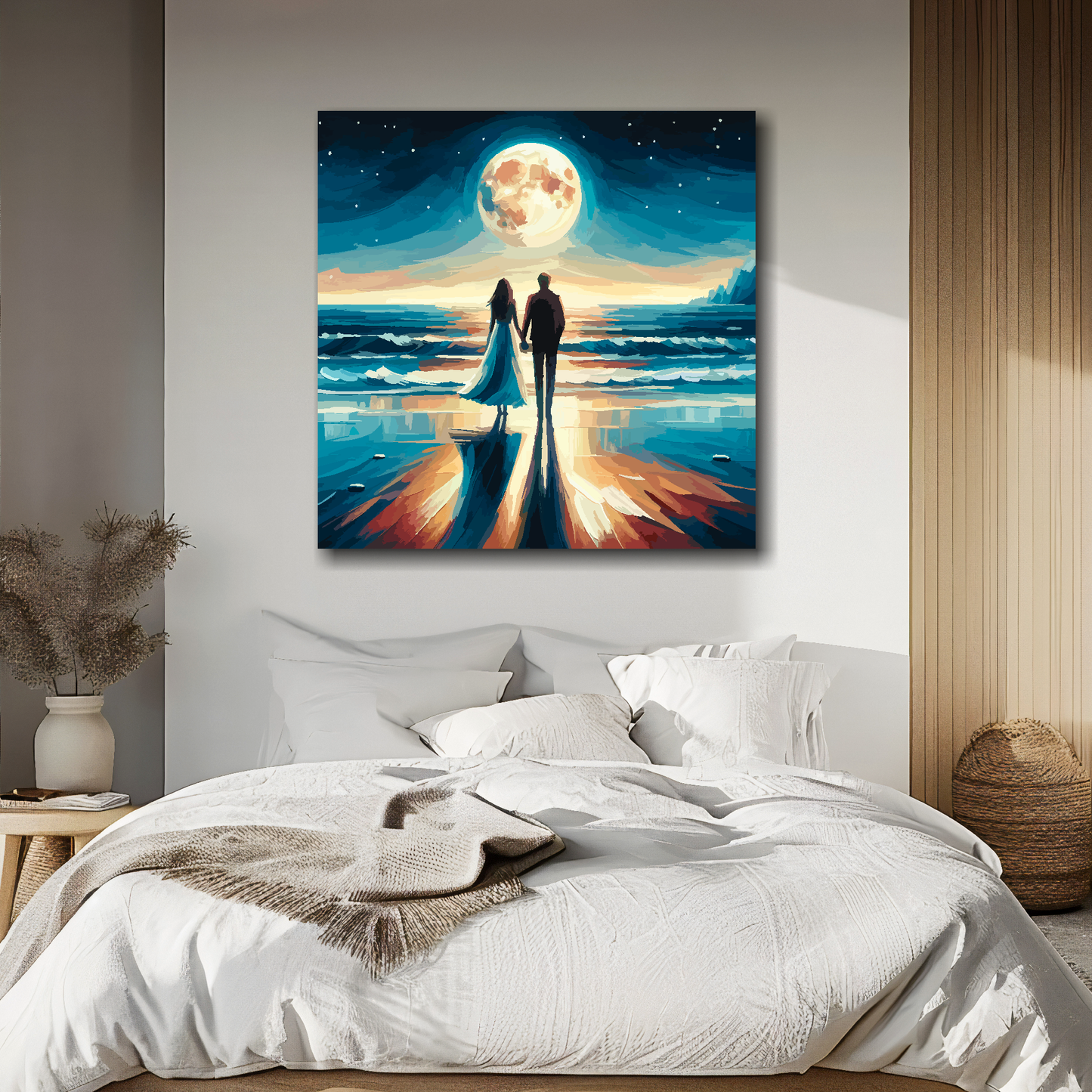 Large canvas wall art - Romantic Couple in a moonlight beach scene, Available in 3 large sizes.