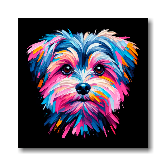 Colourful abstract painting of a Morkie dog's face on a black background.