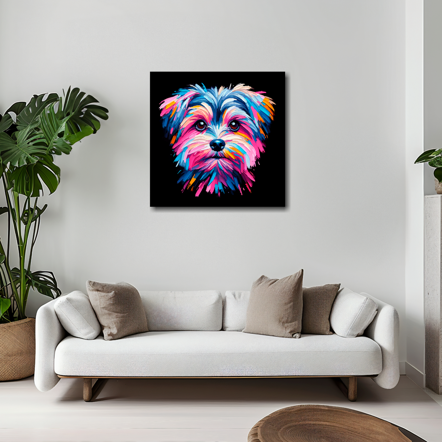 20 inch by 20 inch canvas print featuring a multi-coloured Morkie dog portrait. Mounted on a white wall above a white sofa with decorative pillows.