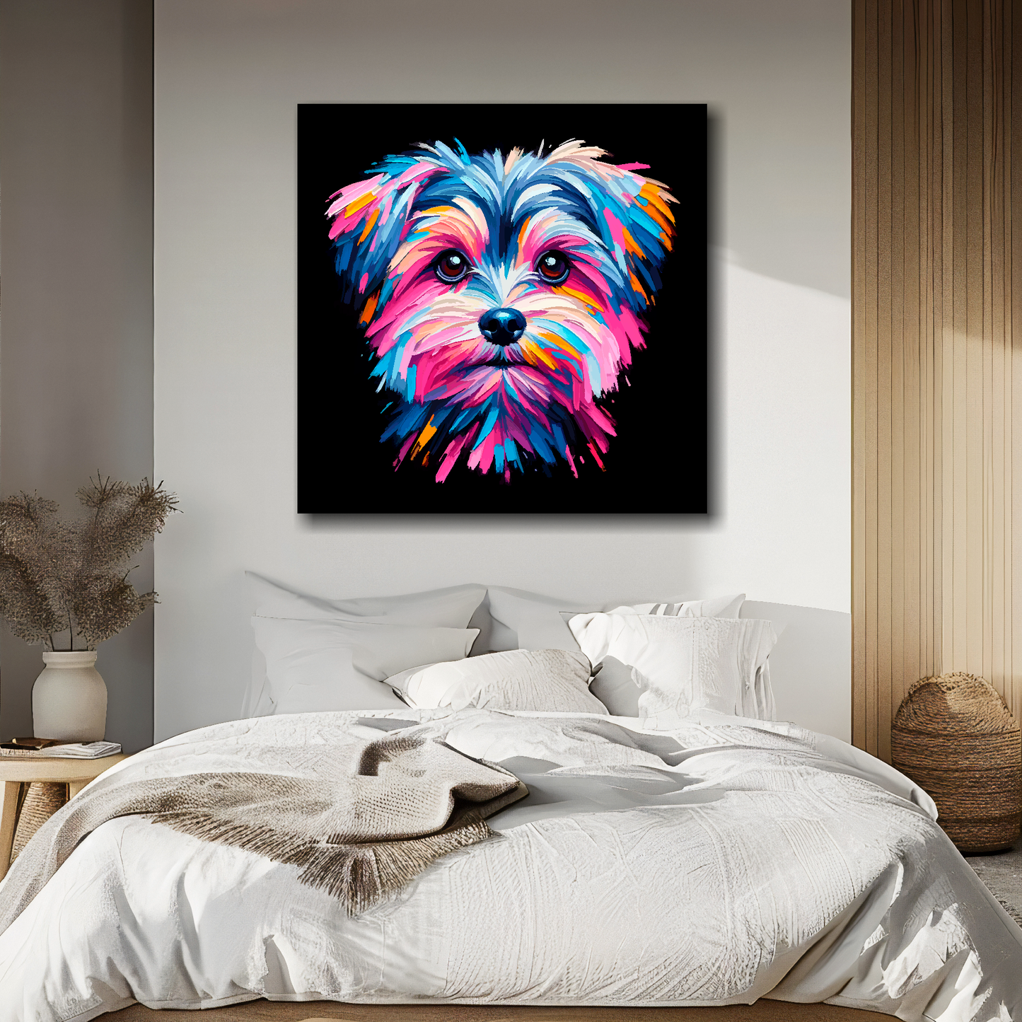 Canvas print featuring a multi-coloured Morkie dog portrait. Mounted on a white wall above a double bed.