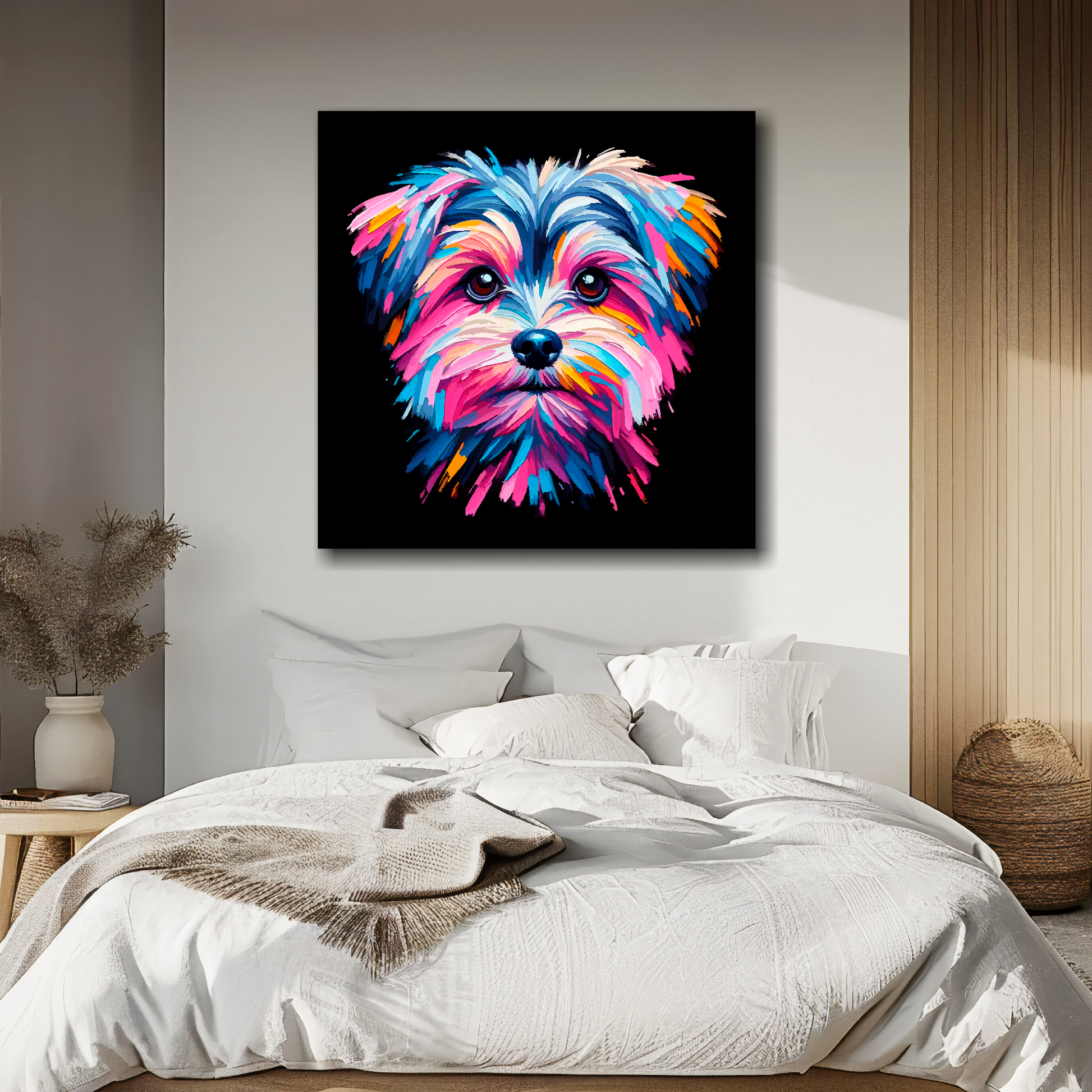 Canvas print featuring a multi-coloured Morkie dog portrait. Mounted on a white wall above a double bed.