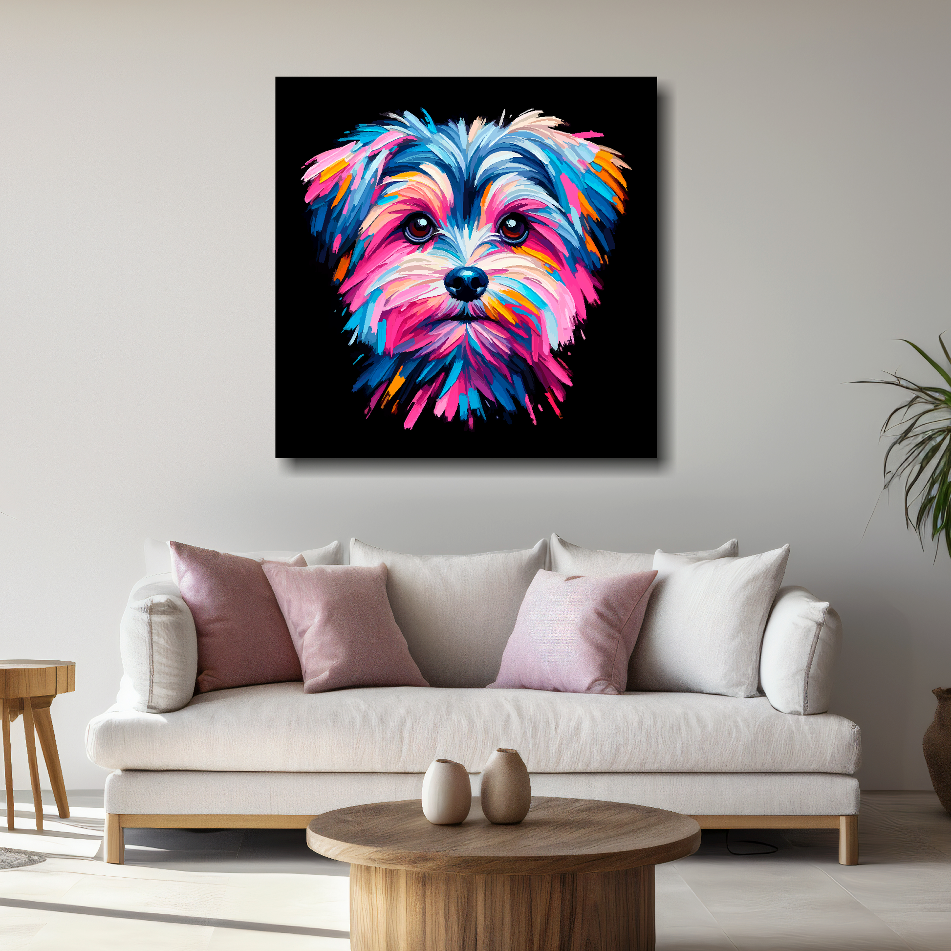 Large canvas print featuring a multi-coloured Morkie dog portrait. Mounted on a white wall above a white sofa with decorative pillows.