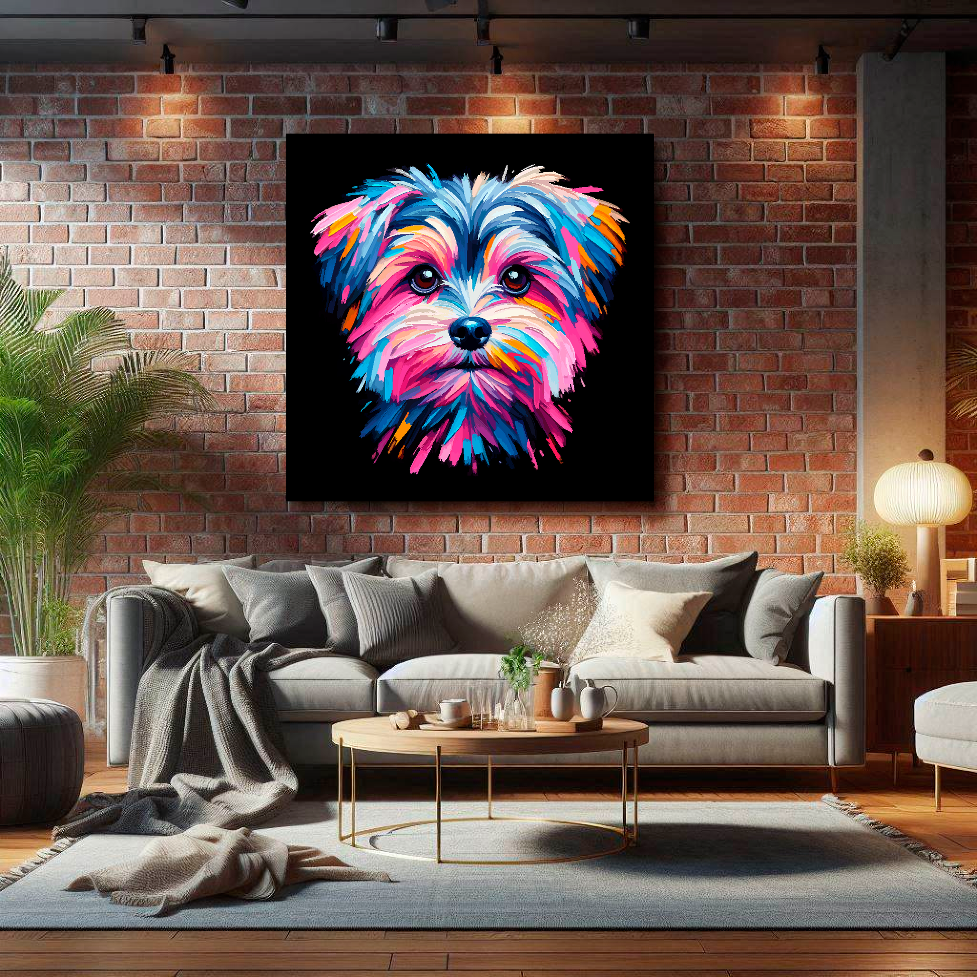 XL canvas print featuring a multi-coloured Morkie dog portrait. Mounted on a lounge brick wall above a grey sofa with decorative pillows.