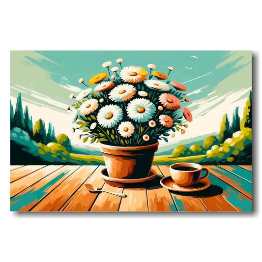 Potted flowers on a wooden table with a scenic background