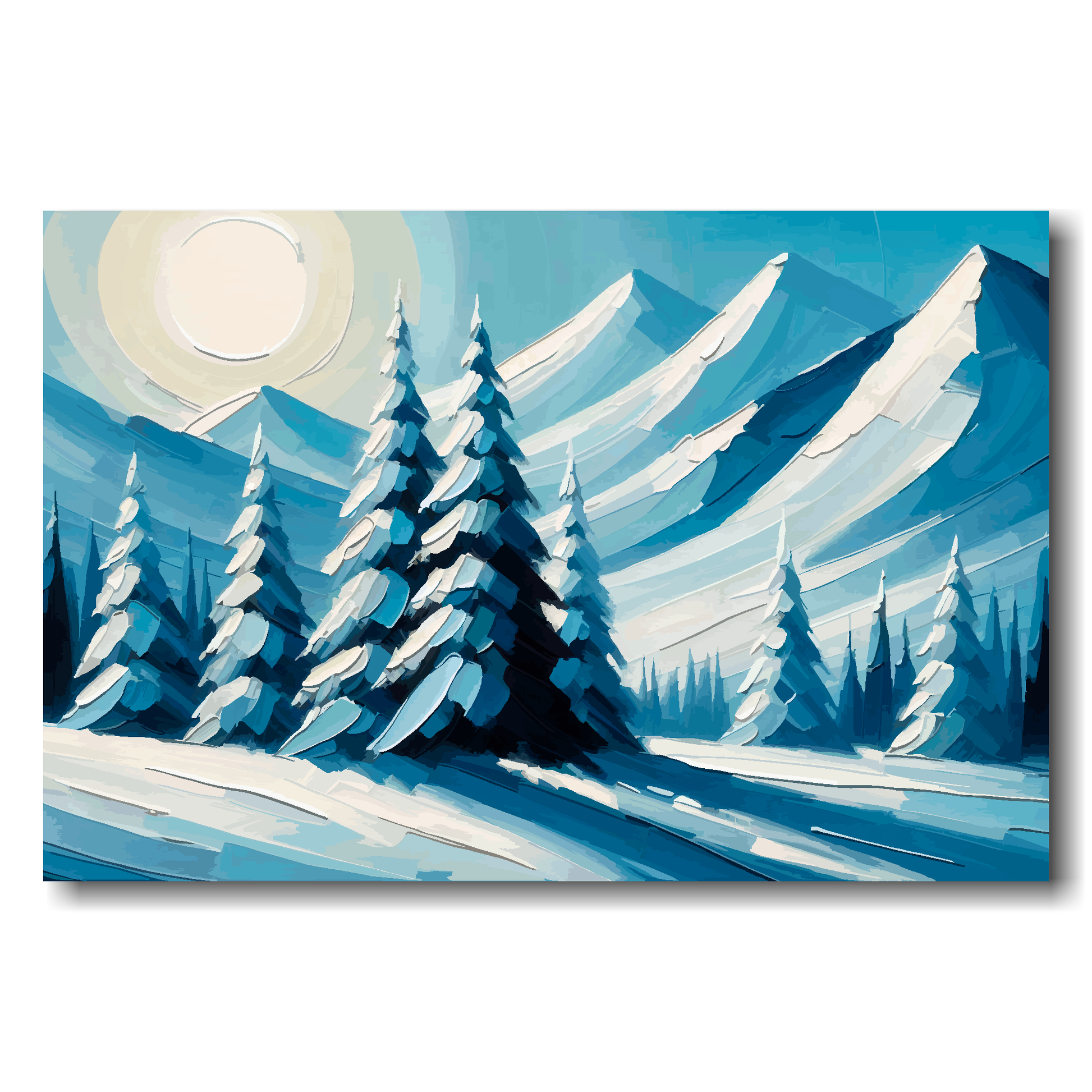 Winter landscape with snow-covered trees and mountains under a large sun.