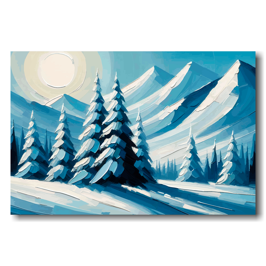 Winter landscape with snow-covered trees and mountains under a large sun.