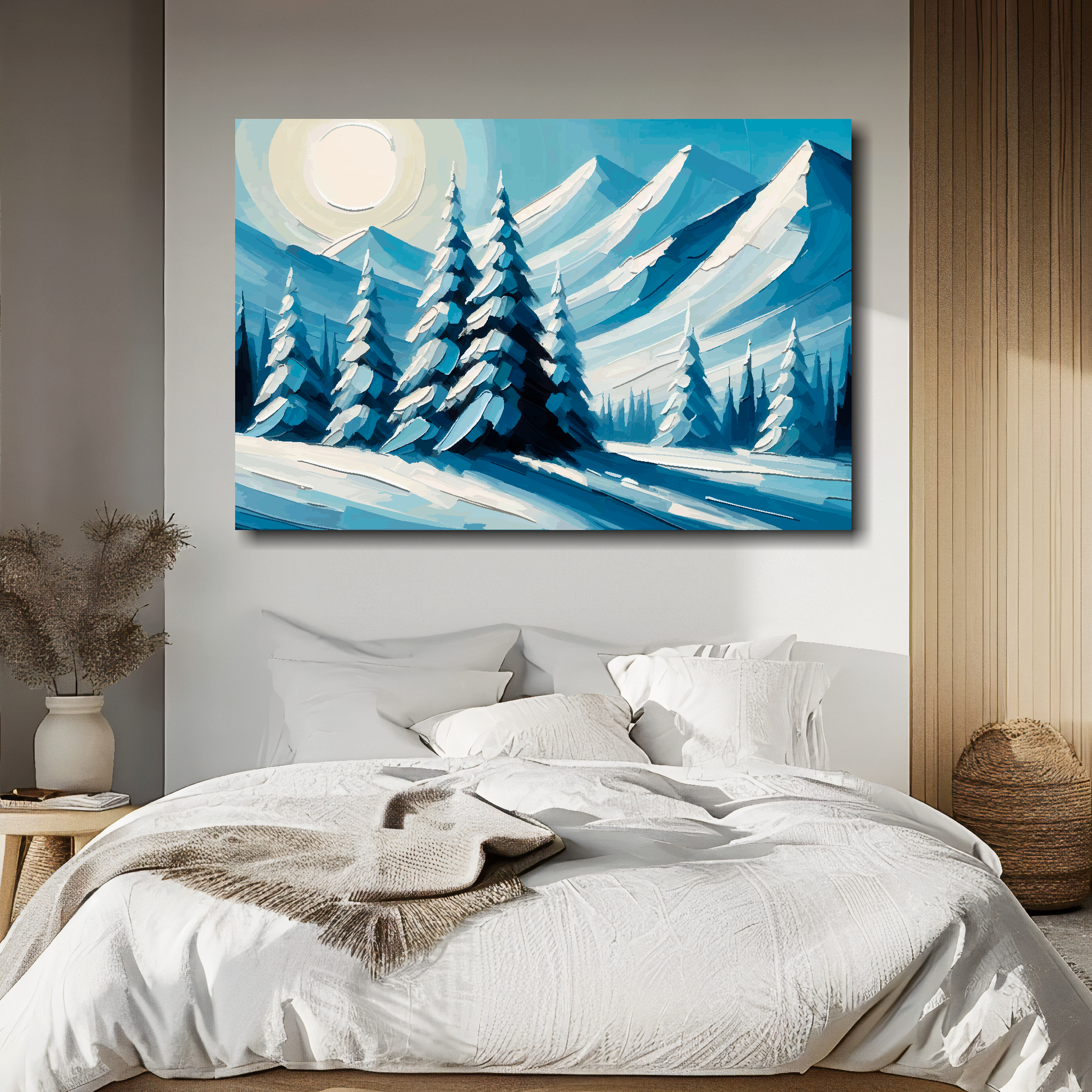 Painting of a snowy landscape with trees and mountains above a bed.